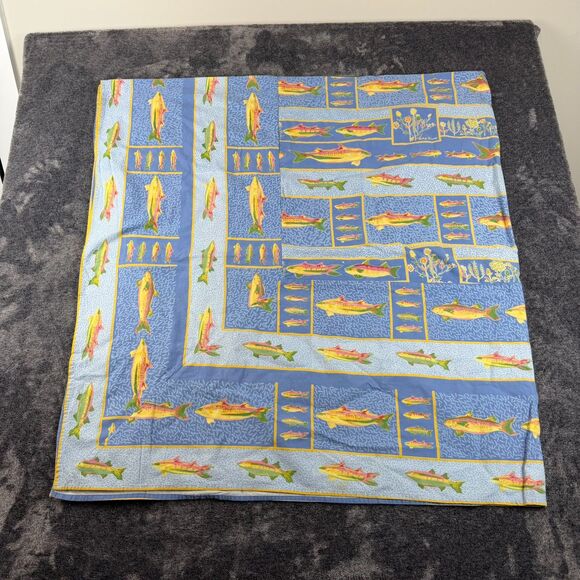 Vtg April Cornell Pike River Fish Print Blue Tablecloth 67X70 Cottagecore - Picture 1 of 9